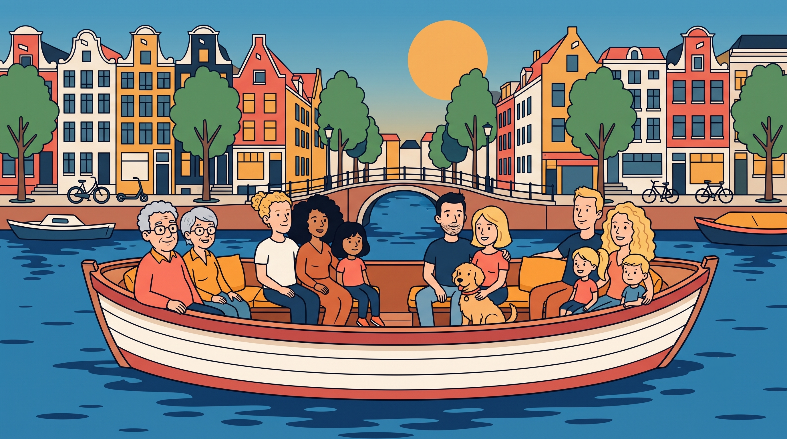 Tekening van een Amsterdamse gracht met grachtenpanden en een bootje
